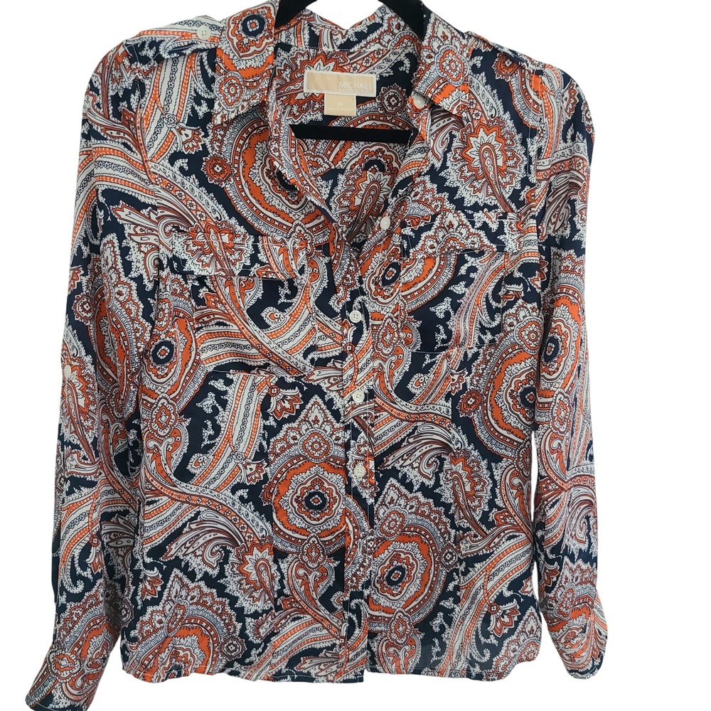 Michael Kors Petite Navy Orange Paisley Button Front Roll‎ Tab Sleeve Blouse P